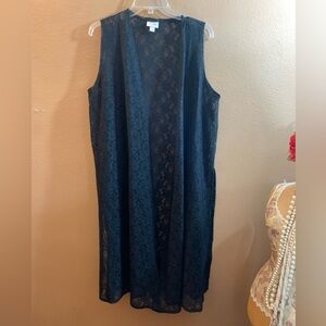 LulaRoe Joy Black Lace Sleeveless Long Vest Duster - M
